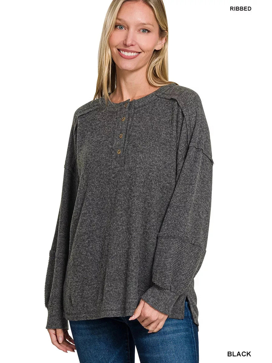 Zenana Full Size Ribbed Brushed Hacci Melange Henley Sweater Plus Size Trendsi