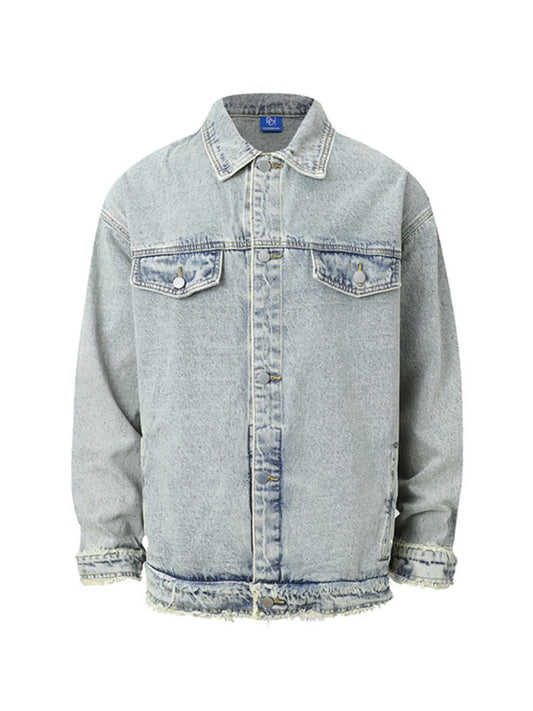 Men's Raw Hem Long Sleeve Denim Jacket Trendsi
