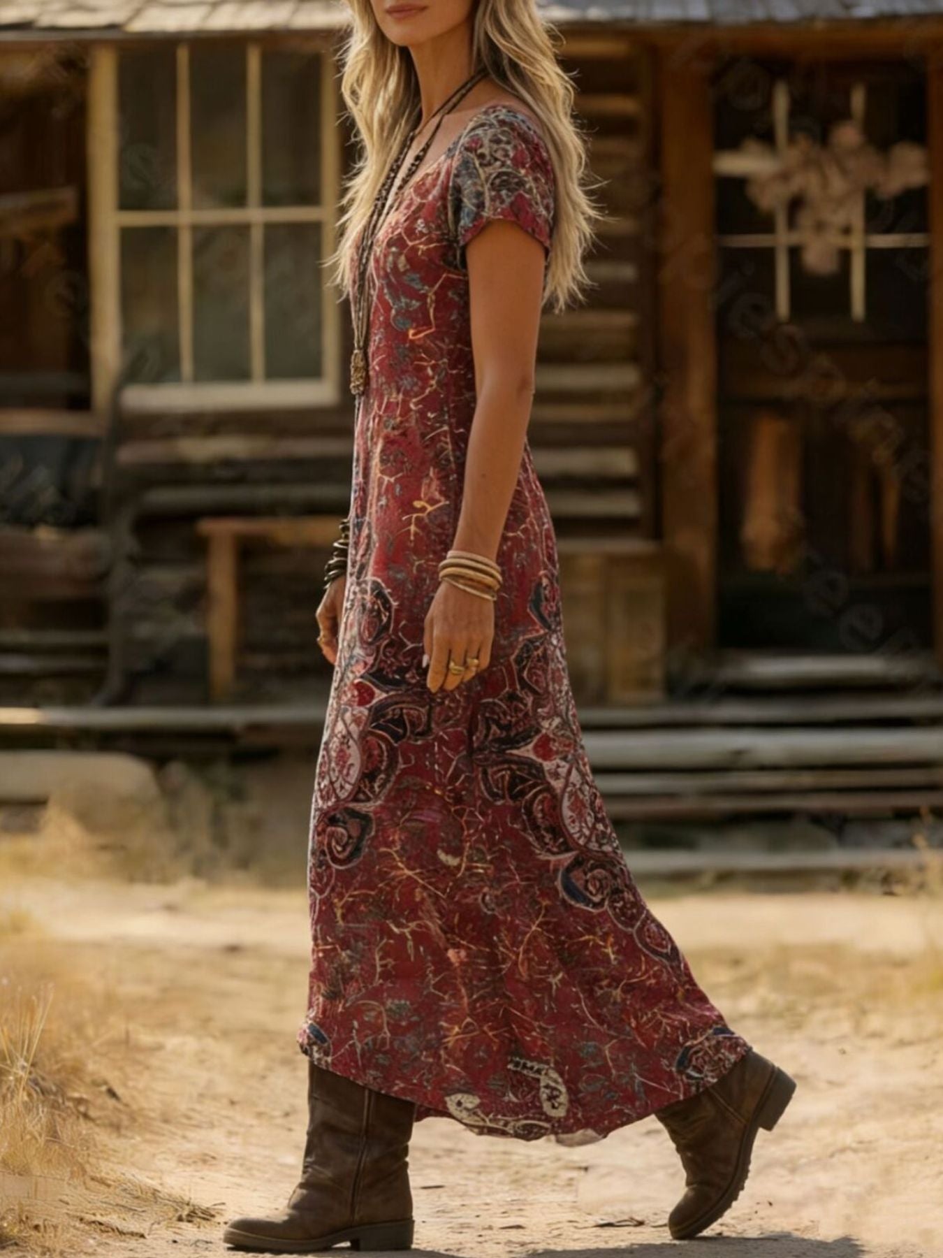 Printed V-Neck Short Sleeve Midi Dress nicholesgifts