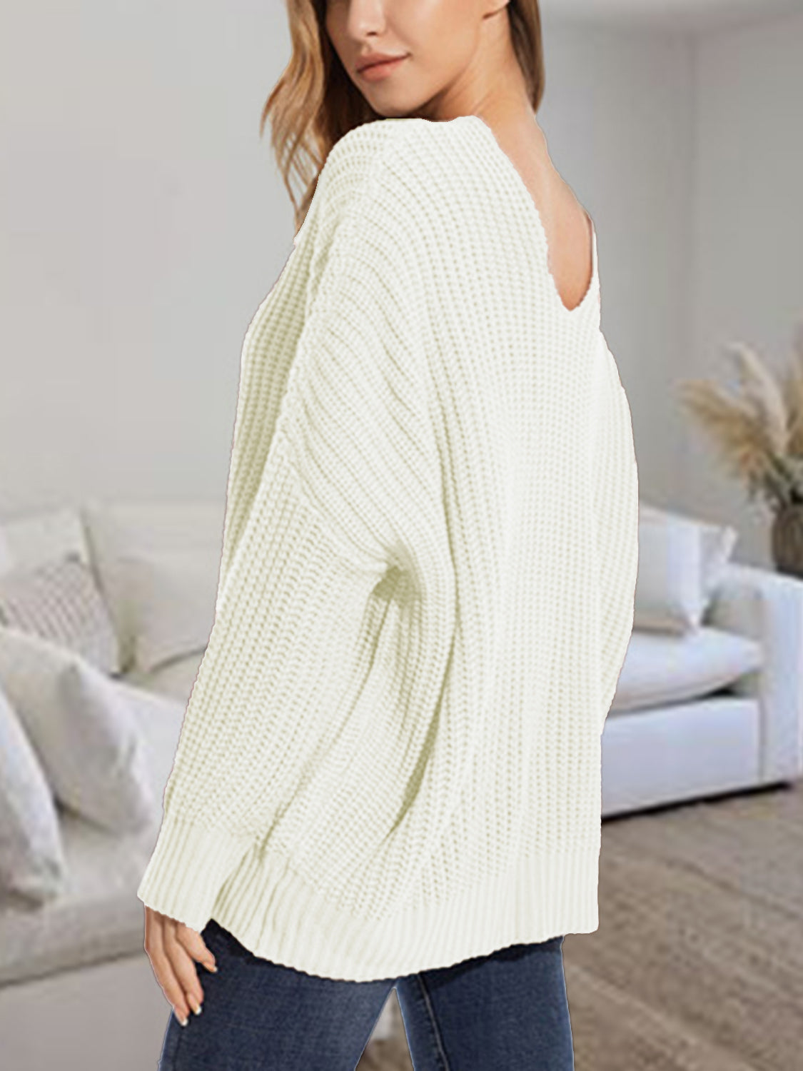 V-Neck Batwing Dropped Shoulder Sweater Trendsi