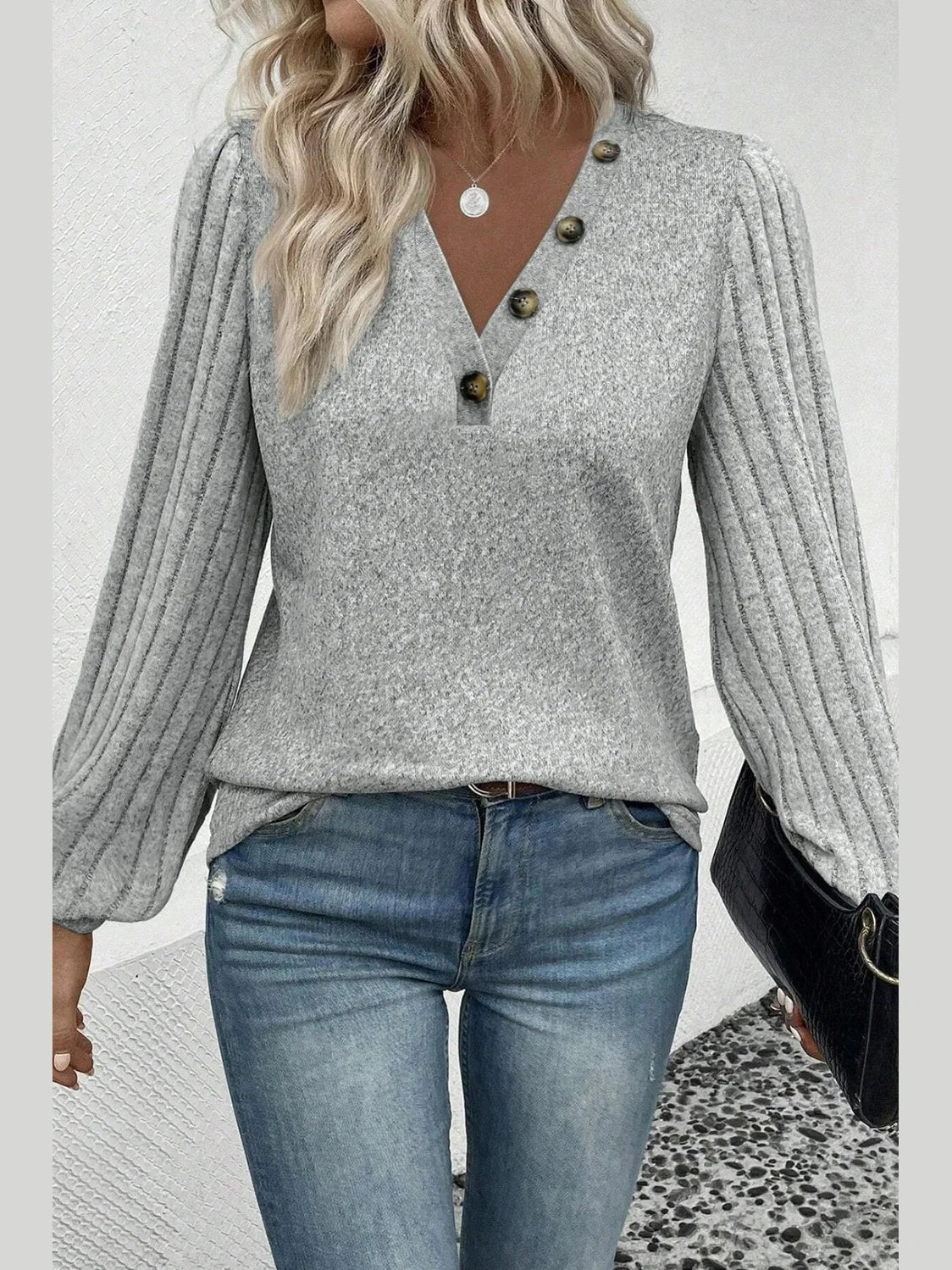 Decorative Button V-Neck Lantern Sleeve Blouse