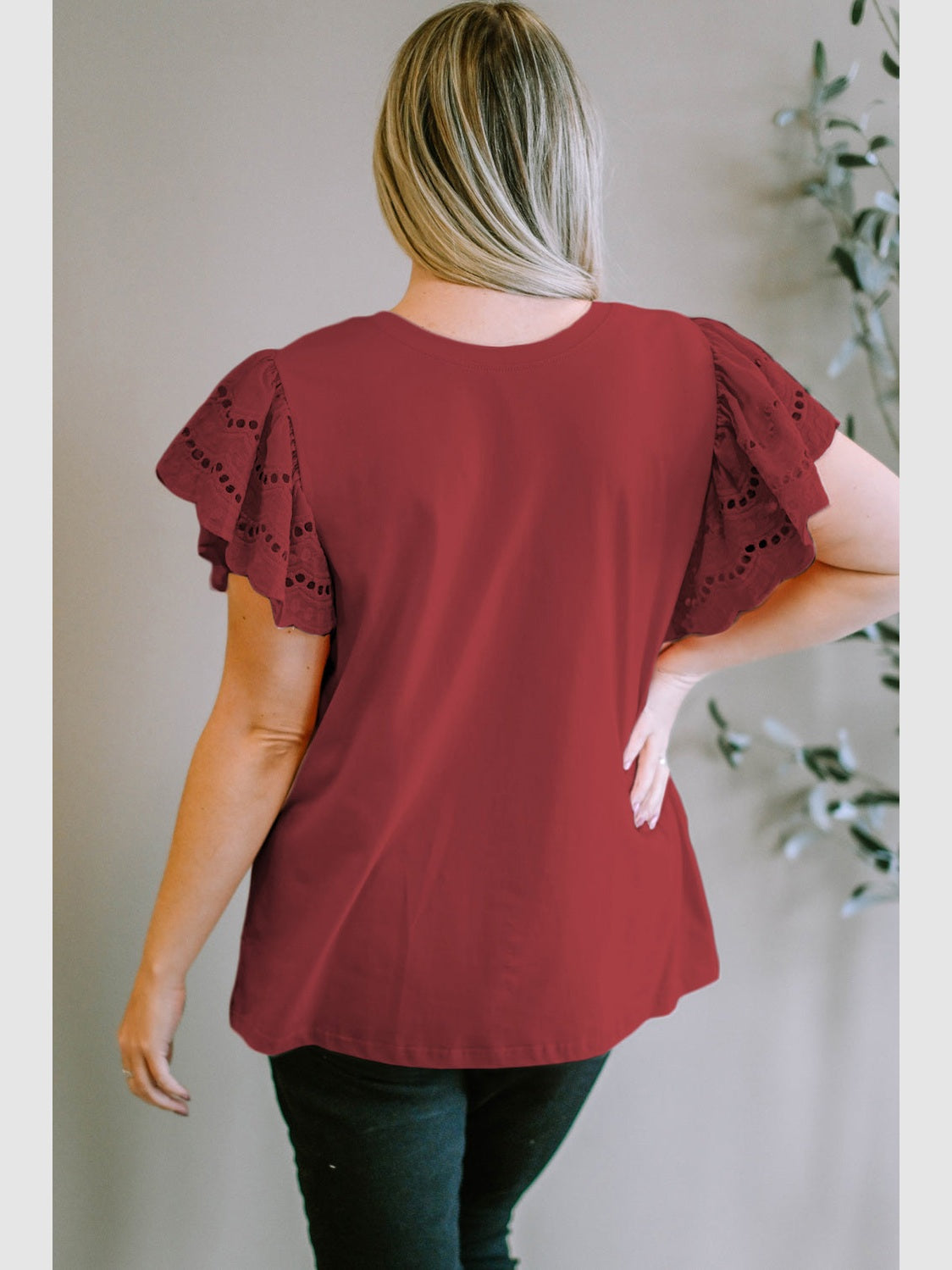 Plus Size Women Eyelet Round Neck Short Sleeve Blouse NicholesGifts