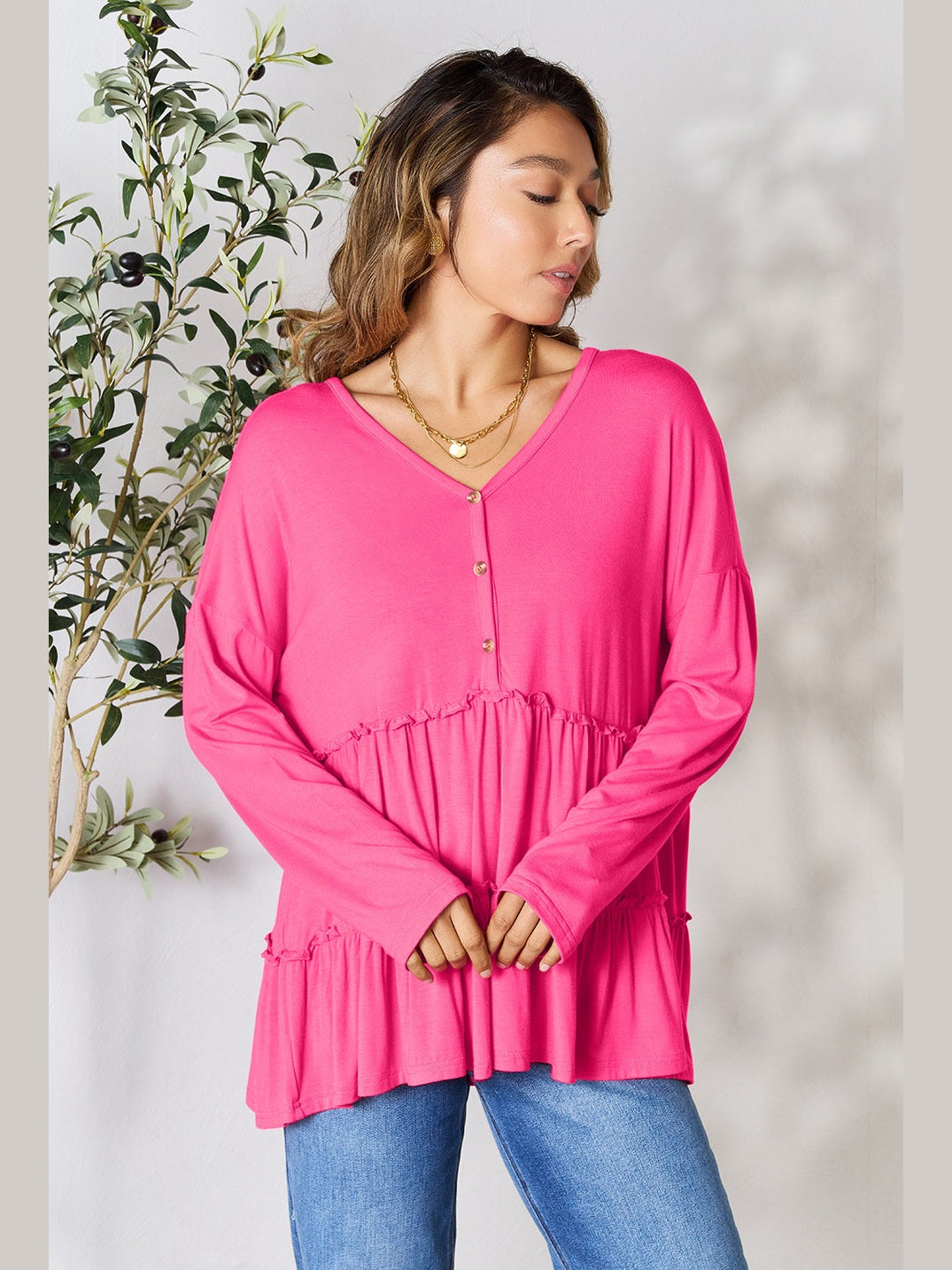 Double Take Half Button Long Sleeve Ruffle Hem Blouse NicholesGifts