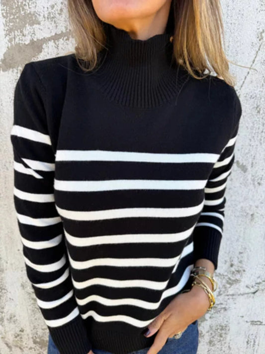 Full Size Striped Turtleneck Long Sleeve Sweater Plus Size Trendsi