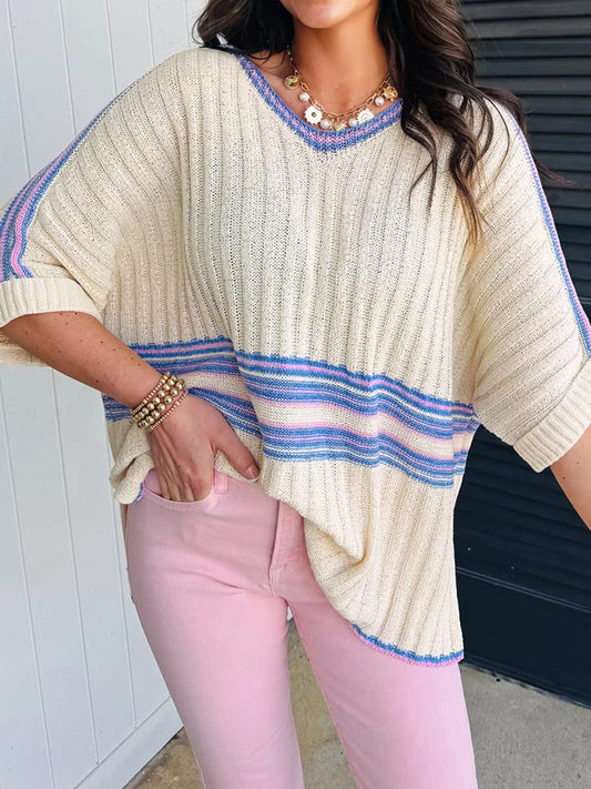 Striped V Neck Dolman Sleeve Rib Knit Oversized Sweater with Slits Trendsi