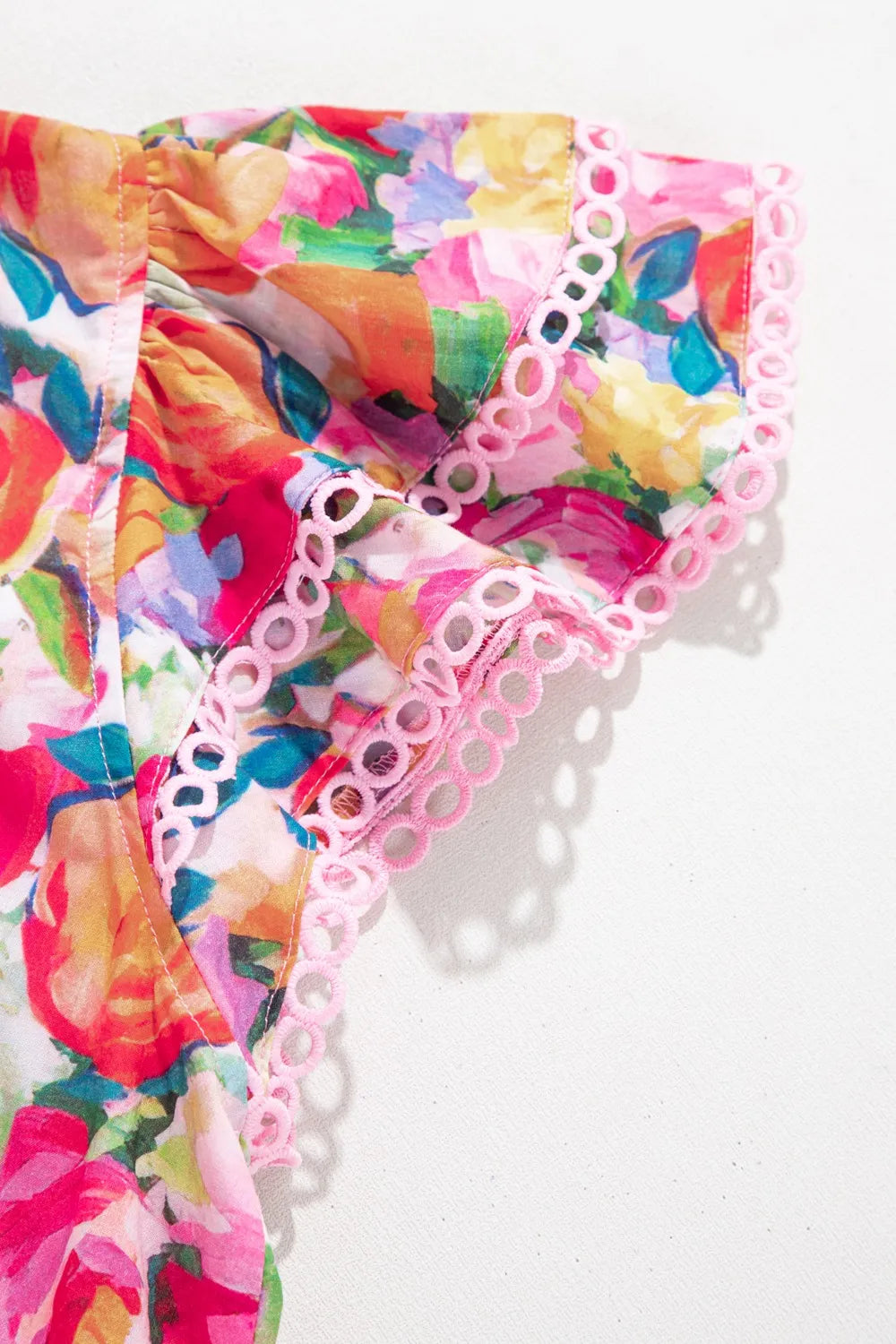 Lace Trim Ruffle Cap Sleeve Floral Blouse Trendsi