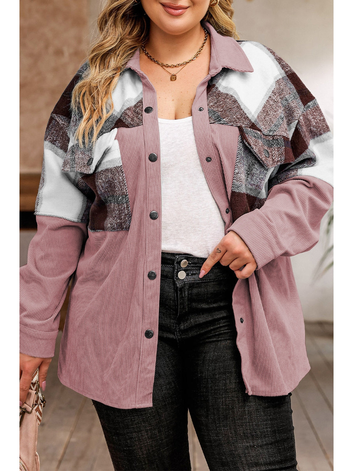Plus Size Women Plaid Snap Down Jacket with Pockets NicholesGifts