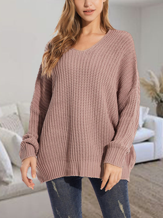 V-Neck Batwing Dropped Shoulder Sweater Trendsi