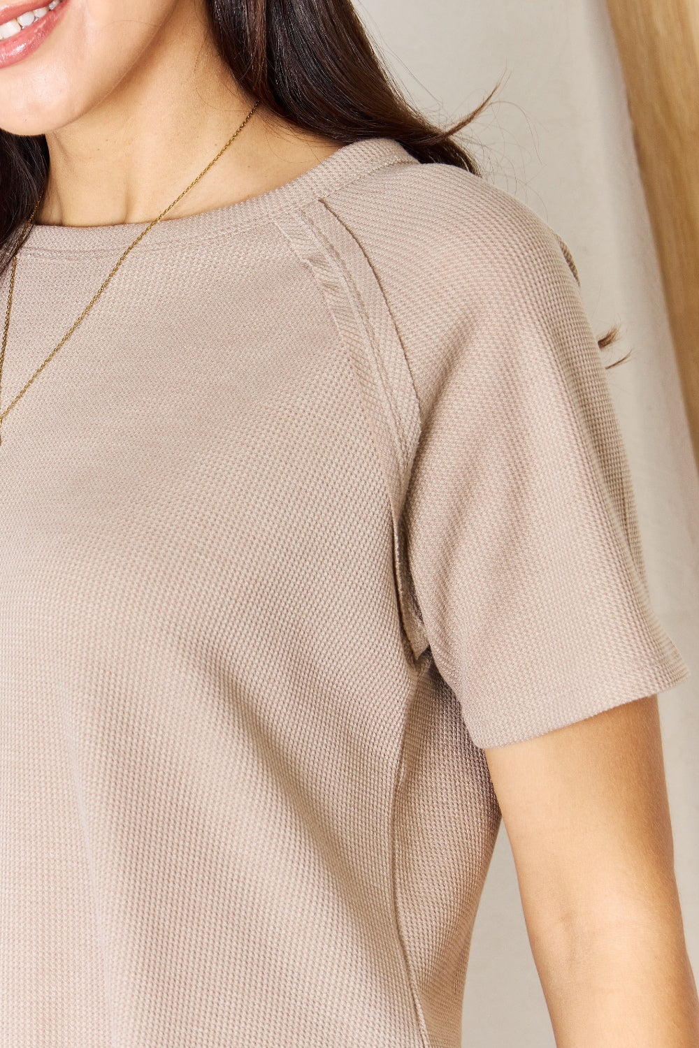 Women Zenana Baby Waffle Short Sleeve Slit High-Low T-Shirt NicholesGifts