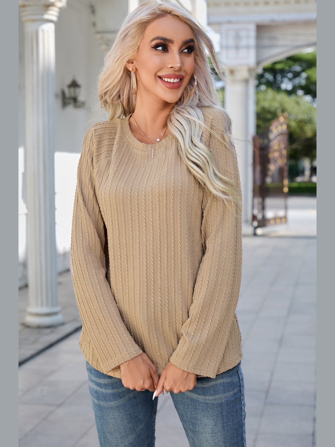 Round Neck Raglan Sleeve Ribbed Blouse nicholesgifts