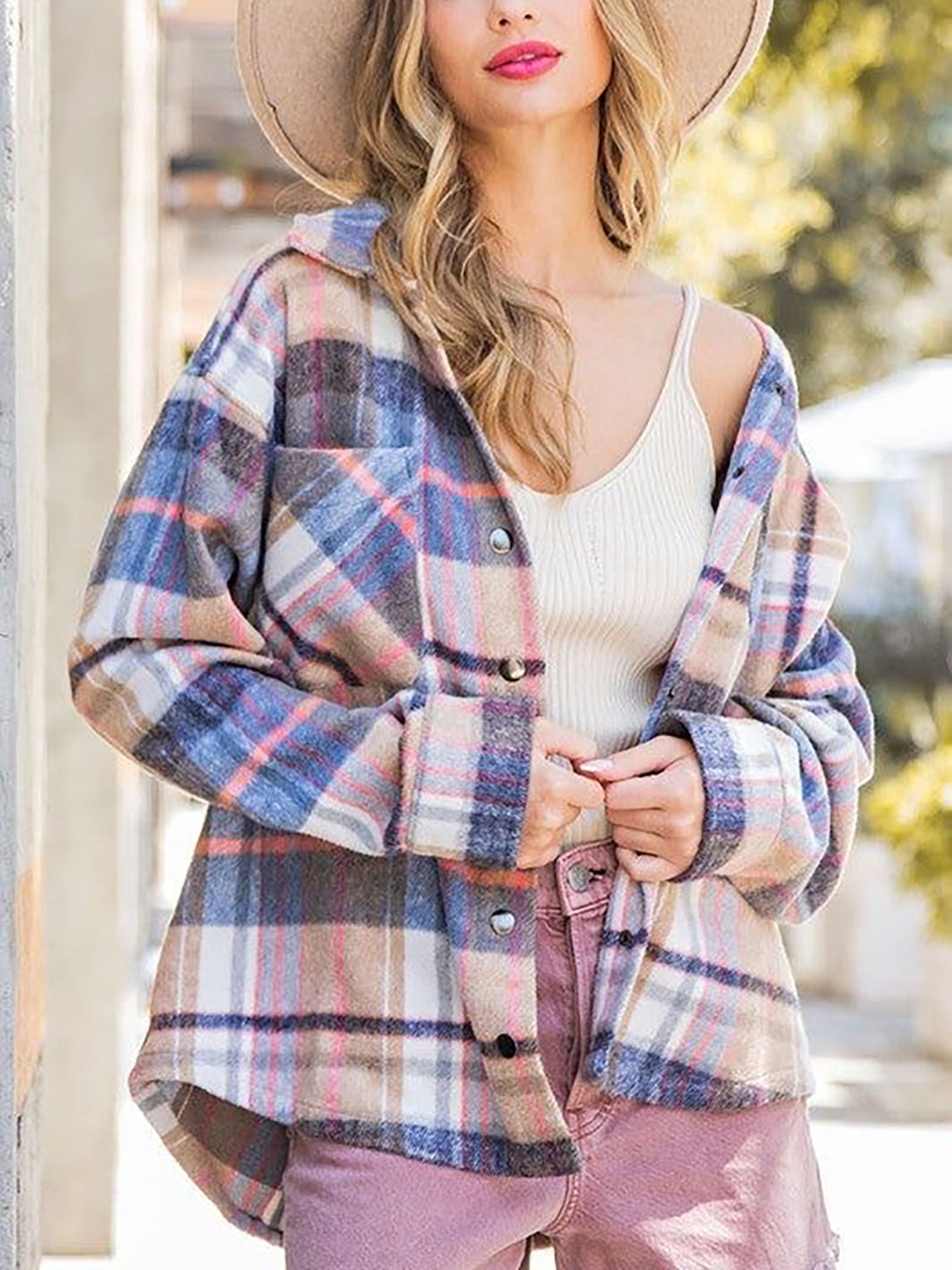 Snap Up Plaid Collared Neck Jacket with Pocket NicholesGifts