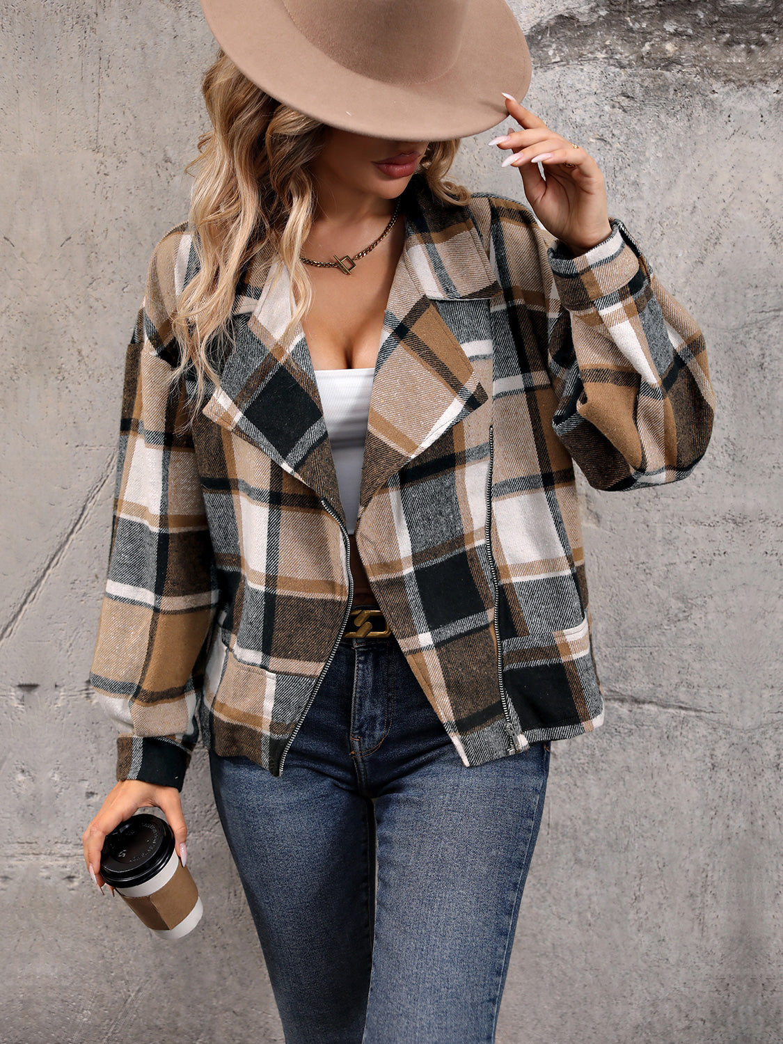 Perfee Plaid Collared Neck Long Sleeve Jacket nicholesgifts