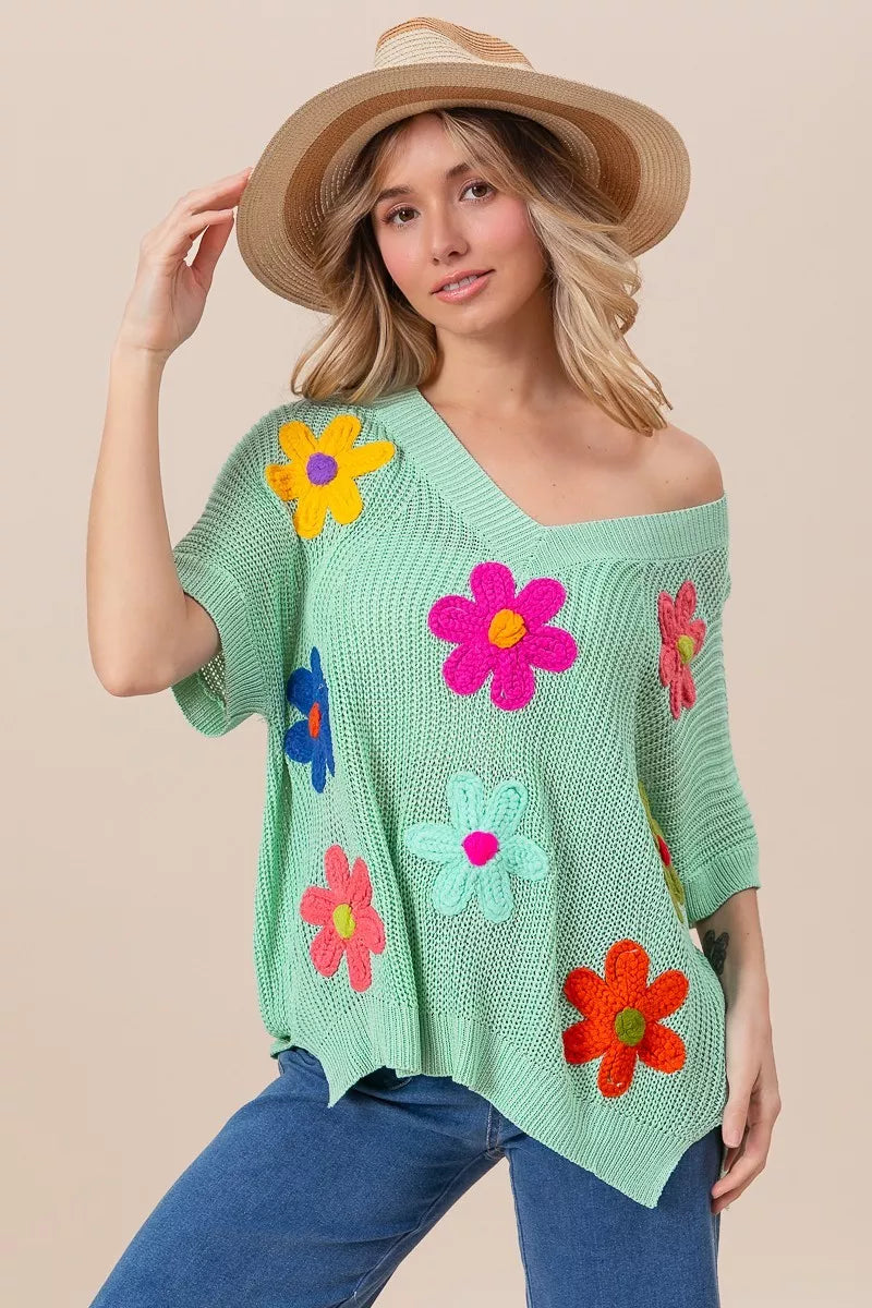 BiBi Flower Patches Dolman Sleeve Lightweight Sweater