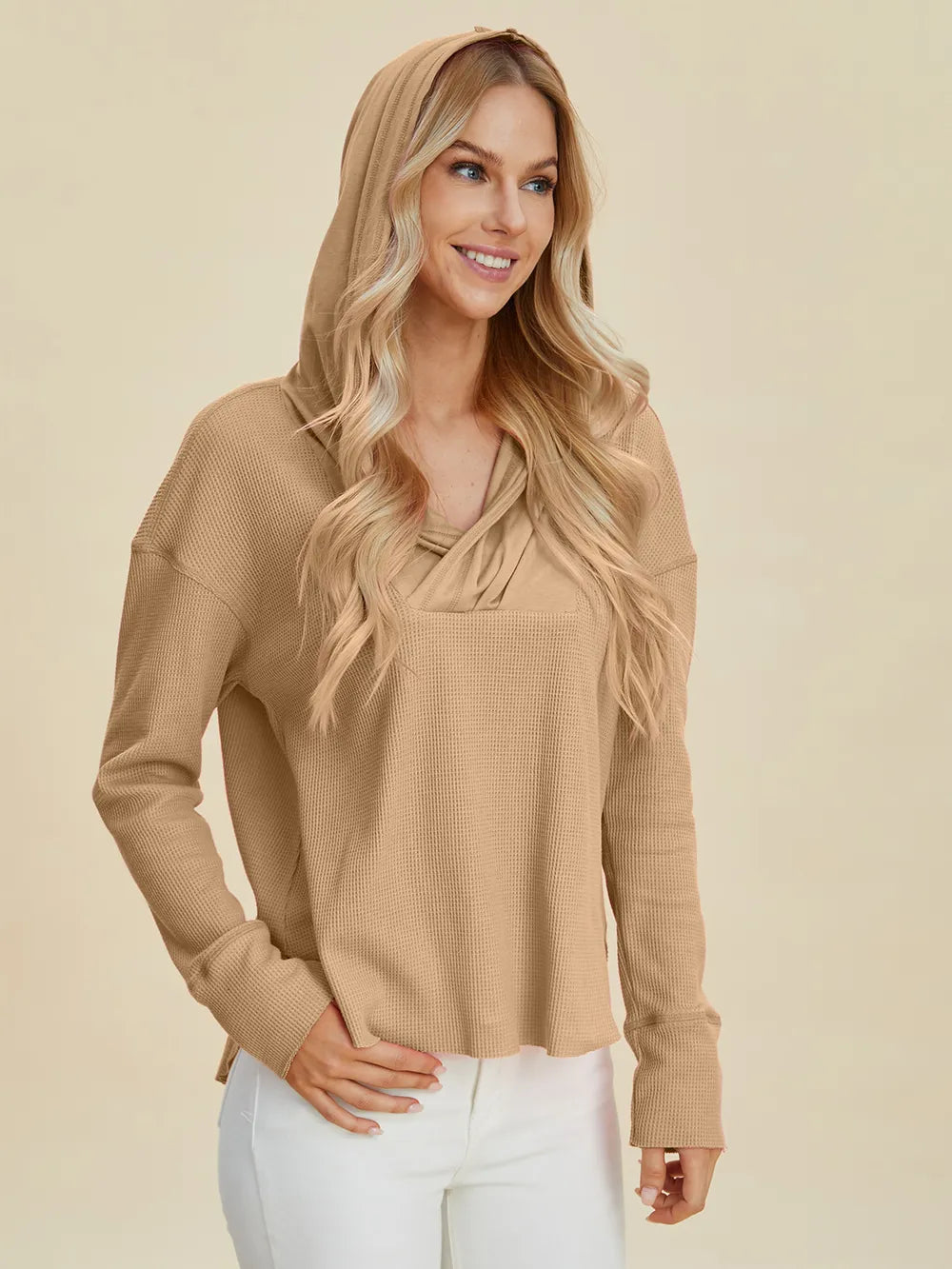 Double Take Full Size High-Low Dropped Shoulder Long Sleeve Hoodie Trendsi