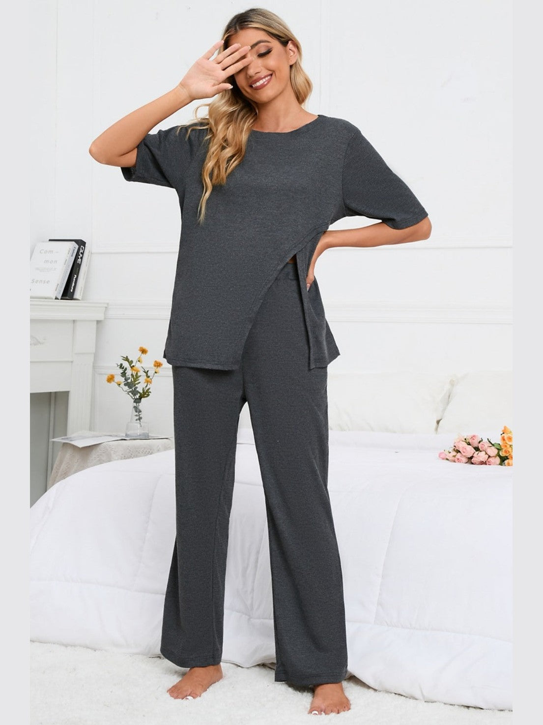 Slit Round Neck Top and Pants Lounge Set