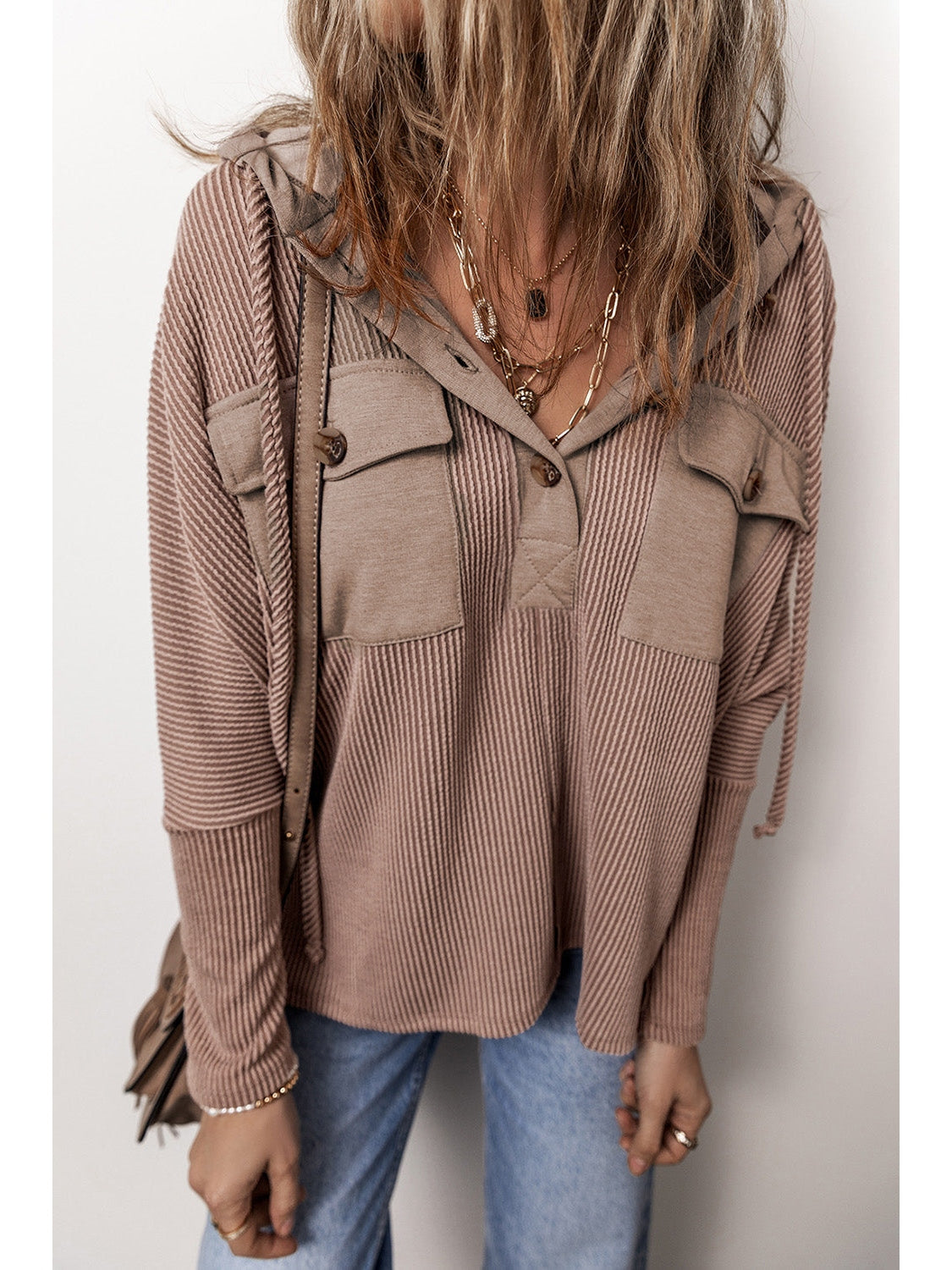 NicholesGifts Women Pocketed Half Button Long Sleeve Hoodie NicholesGifts