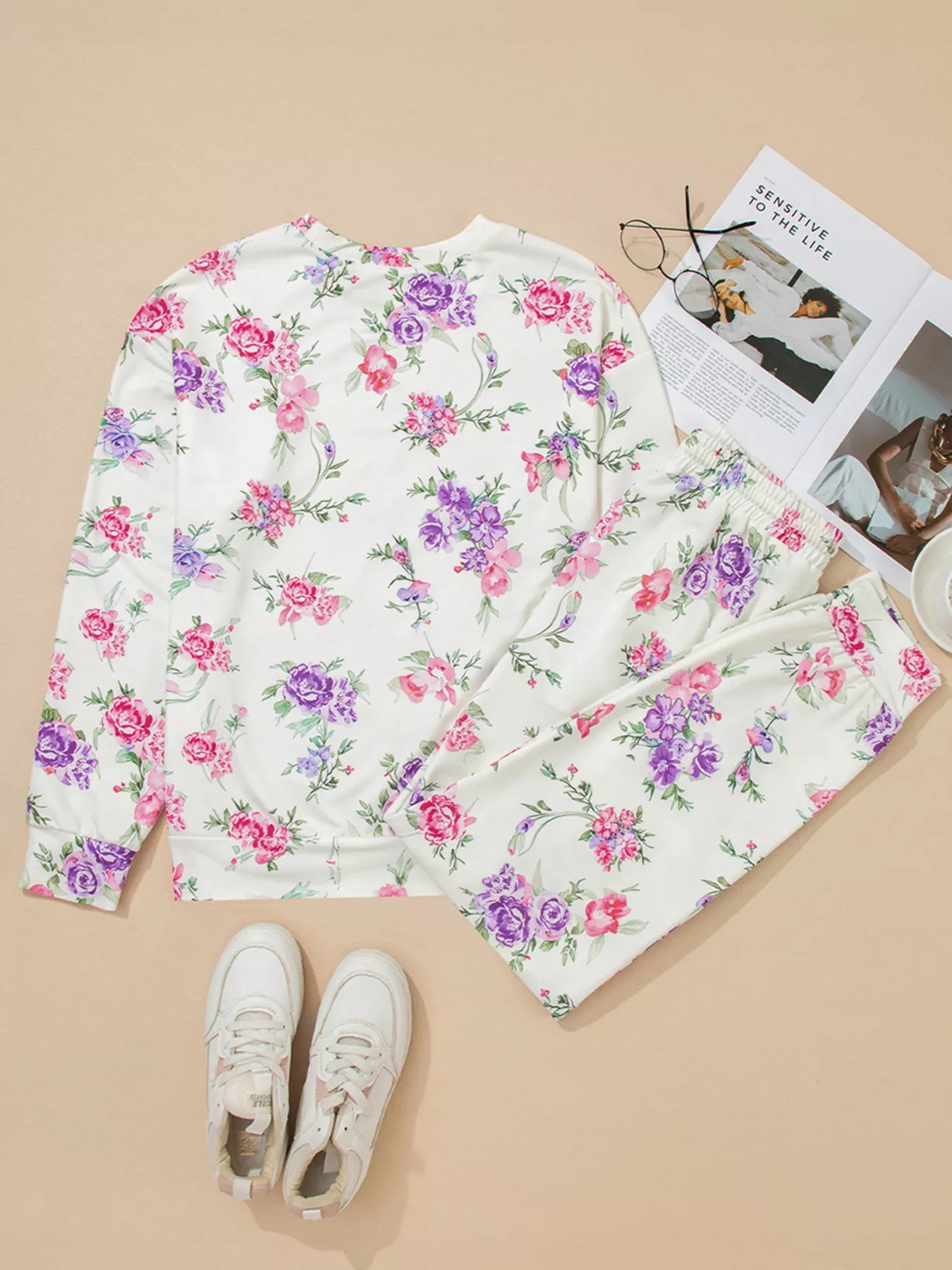 Floral Print Round Neck Top and Drawstring Pants Lounge Set Trendsi