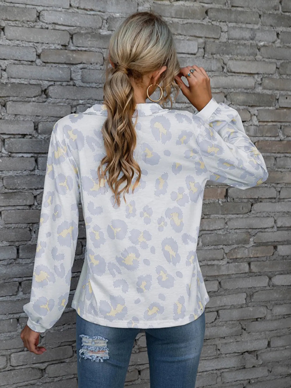 Leopard V-Neck Decorative Button Long Sleeve Blouse NicholesGifts