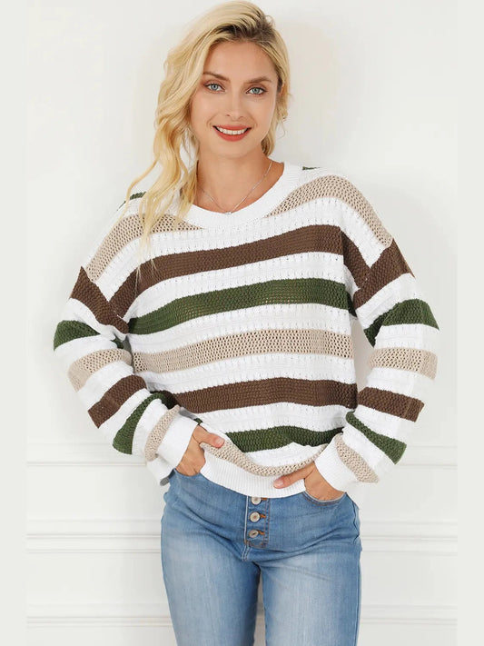 Striped Openwork Dropped Shoulder Sweater Trendsi