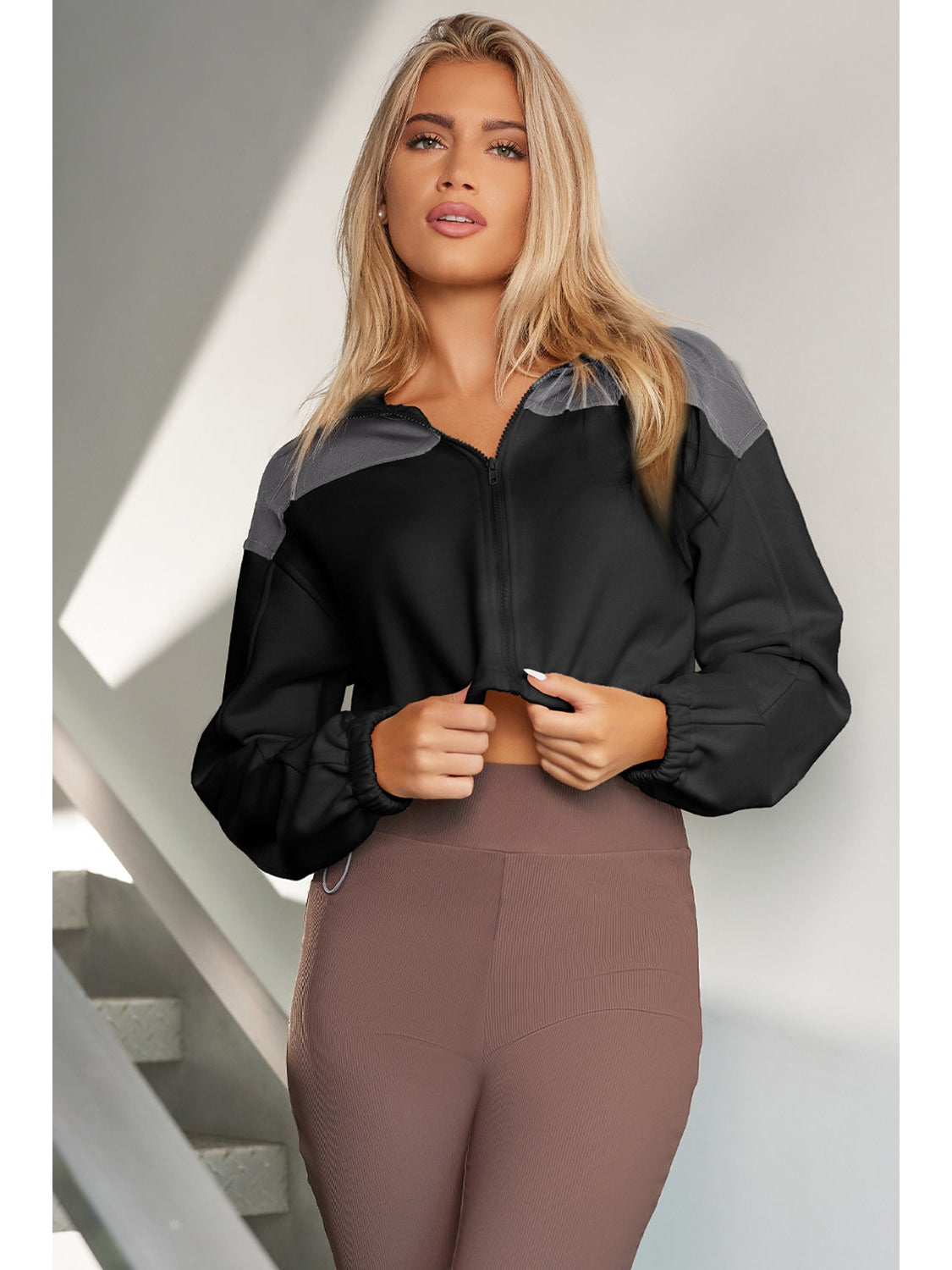 NicholesGifts Women Contrast Drawstring Zip Up Jacket NicholesGifts