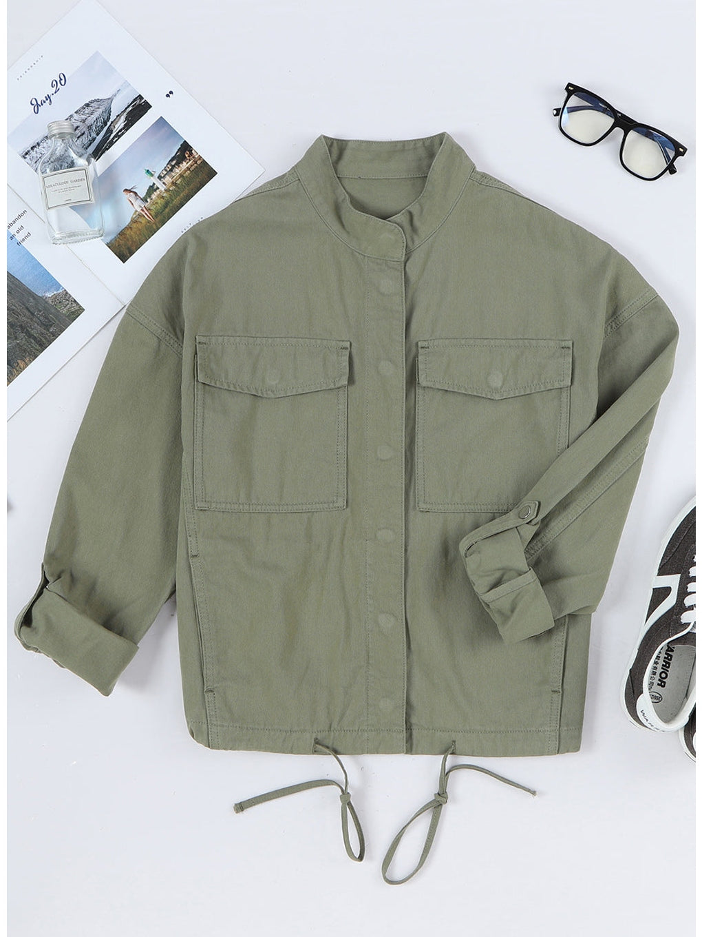 Drawstring Snap Down Dropped Shoulder Denim Jacket NicholesGifts
