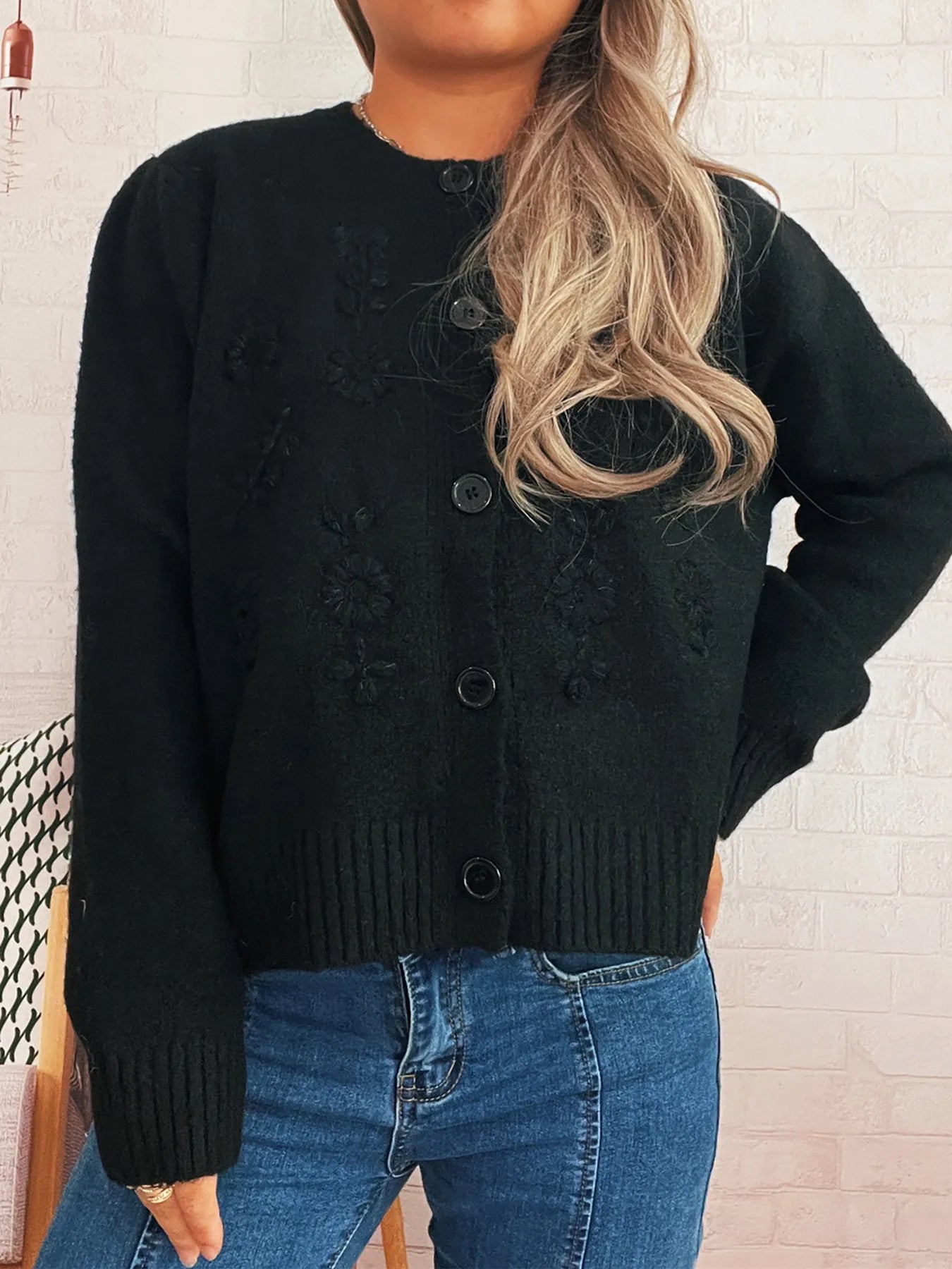 Flower Button Up Ribbed Hem Cardigan