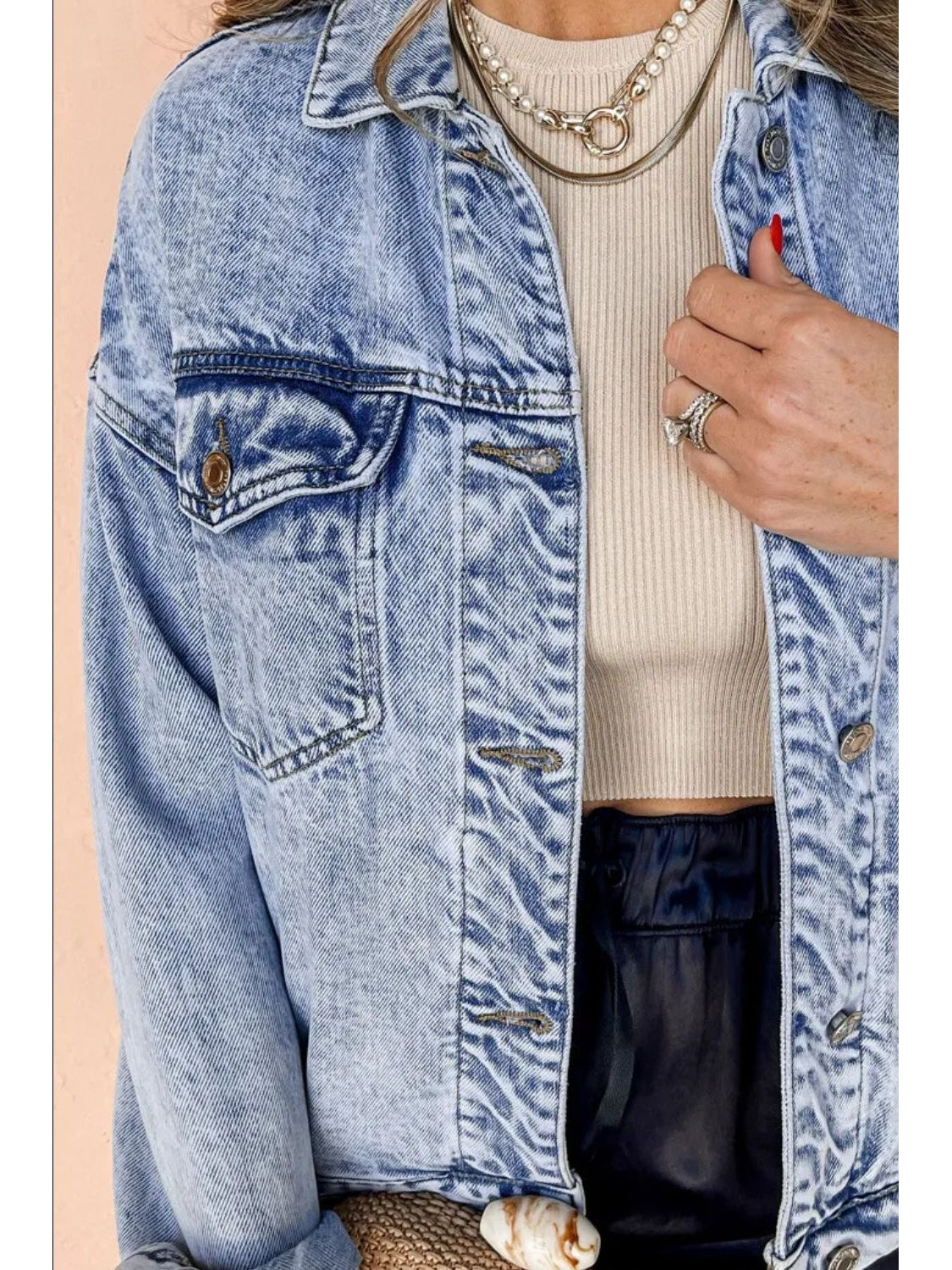 Pocketed Button Up Dropped Shoulder Denim Jacket nicholesgifts