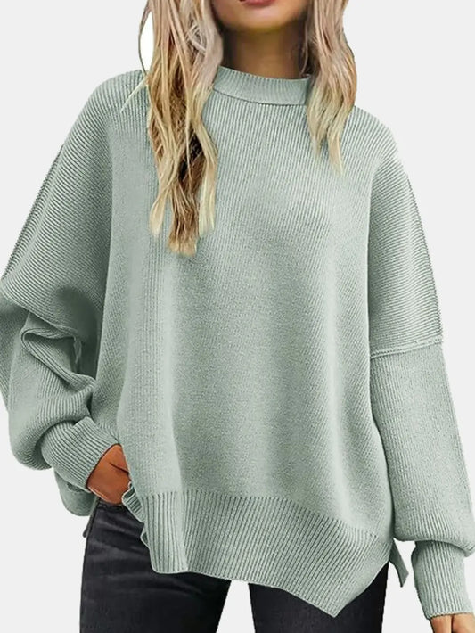 Round Neck Drop Shoulder Slit Sweater Trendsi