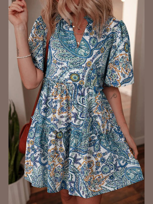 Paisley Floral V Neck Short Sleeve Mini Dress NicholesGifts