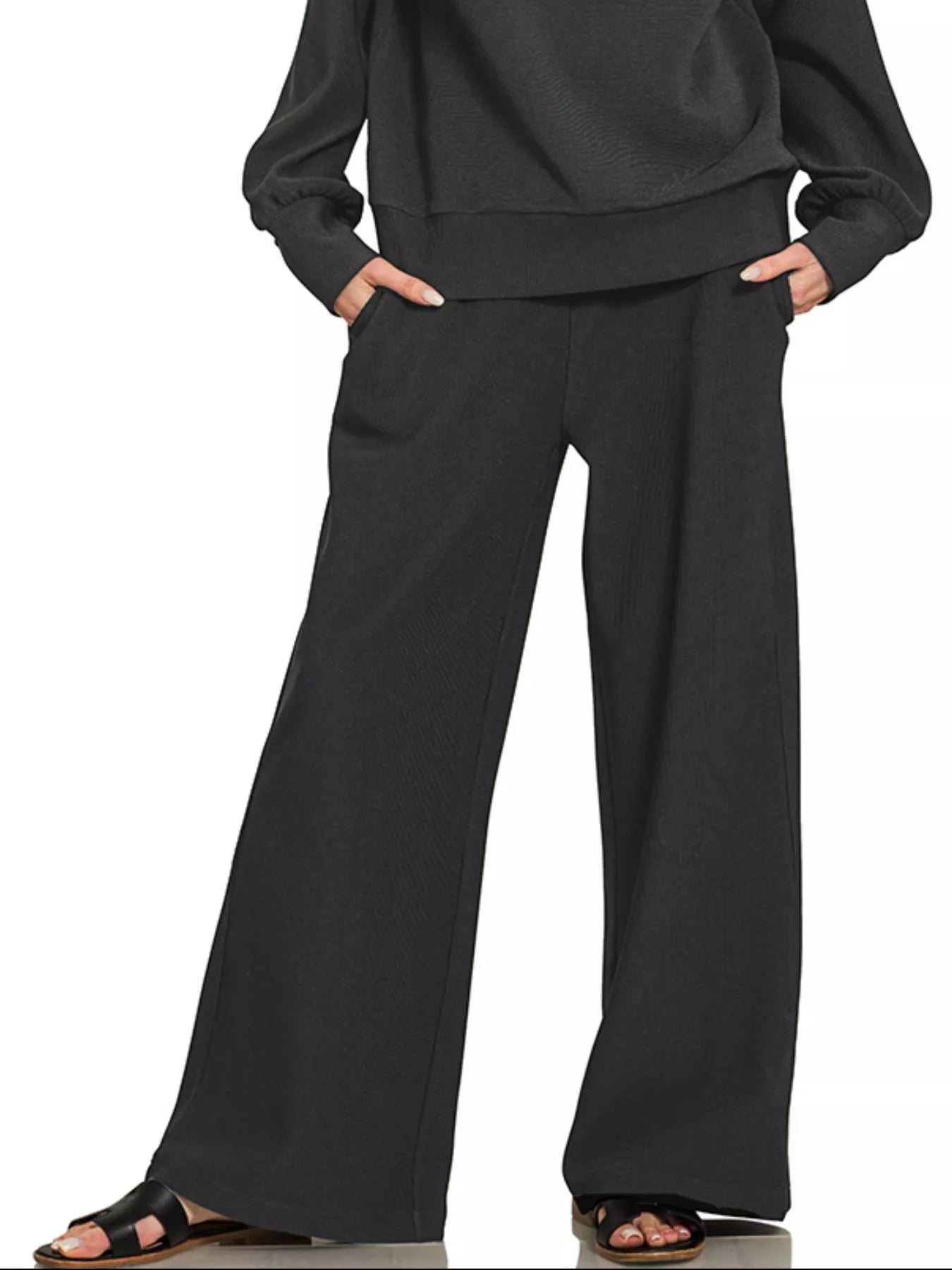 Zenana Ribbed High Neck Half Zip Pullover & Pants Set Trendsi