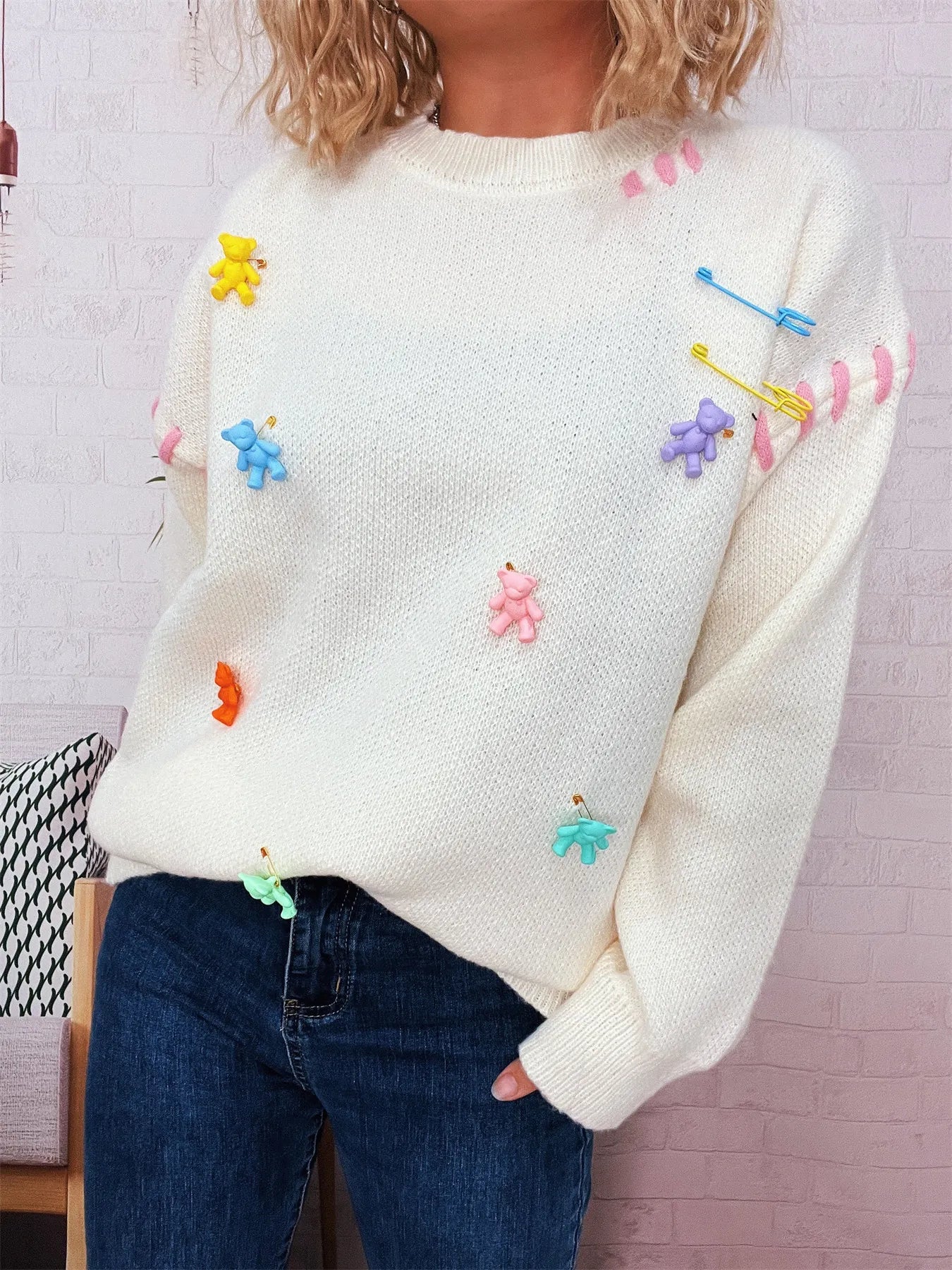 Bear Decoration Round Neck Sweater