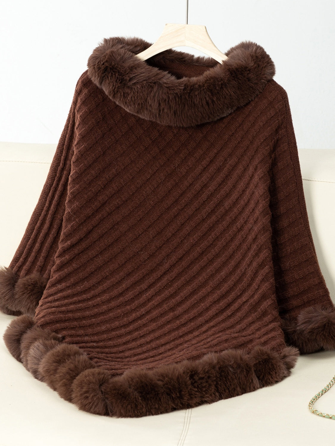 NicholesGifts Women Fuzzy Trim Texture Three-Quarter Sleeve Poncho NicholesGifts