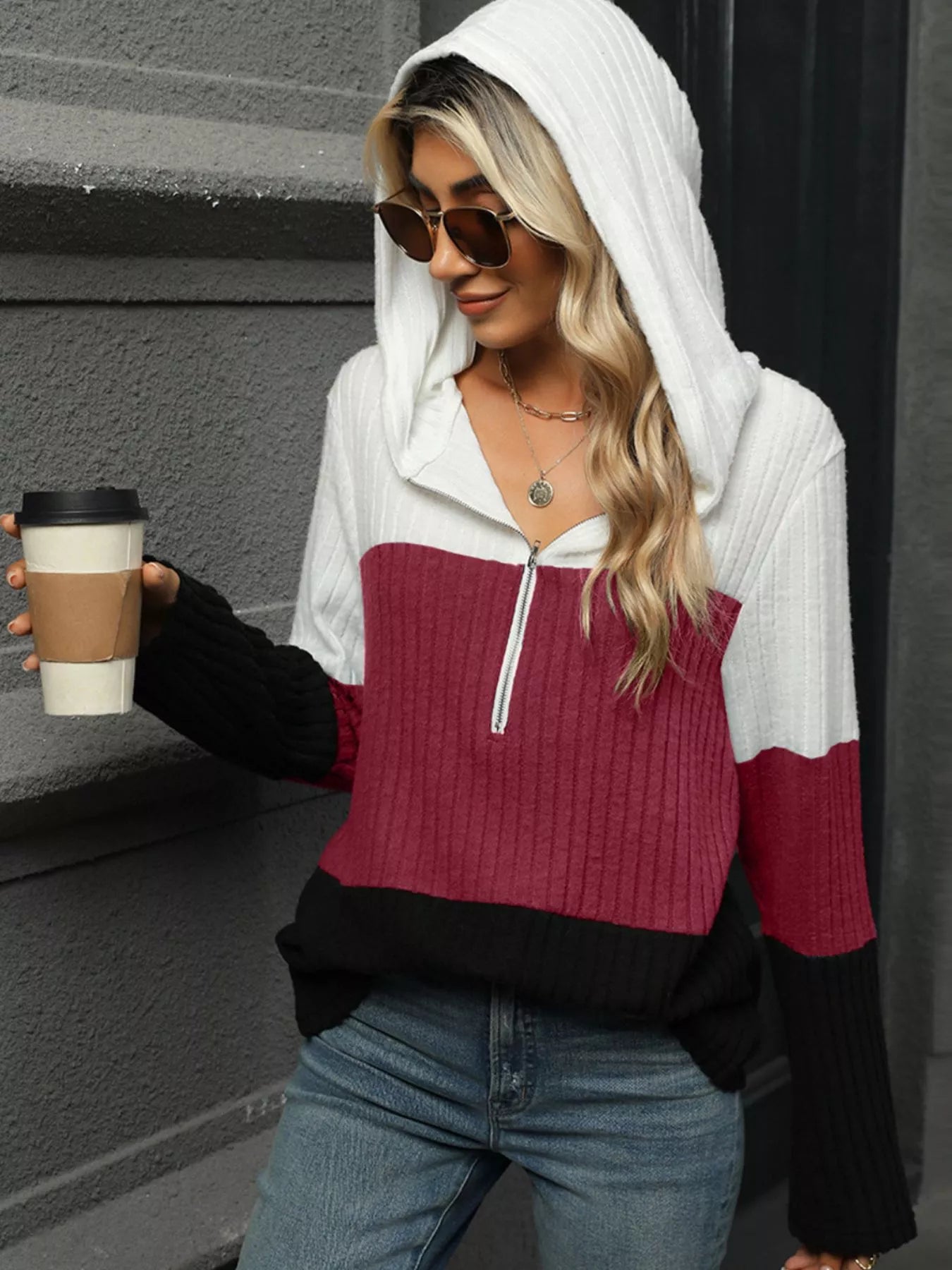 Color Block Half Zip Hooded Top Trendsi