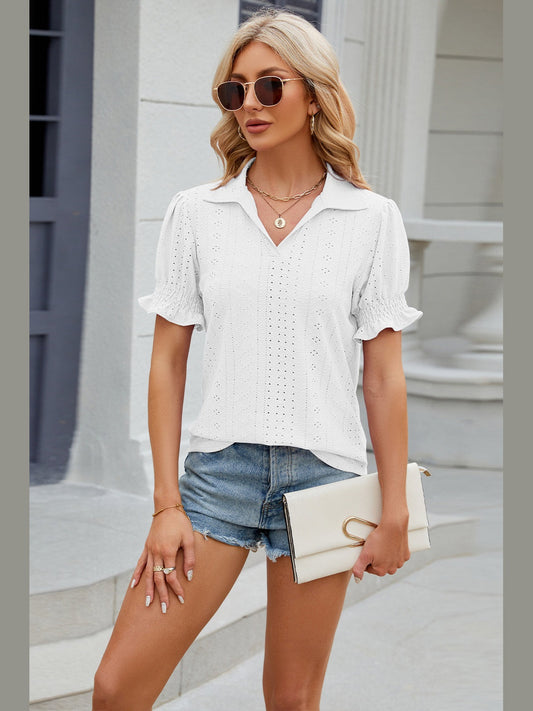Eyelet Johnny Collar Short Sleeve Blouse NicholesGifts
