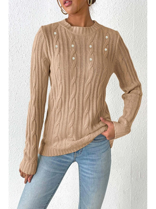 NicholesGifts Women Cable-Knit Round Neck Long Sleeve Sweater