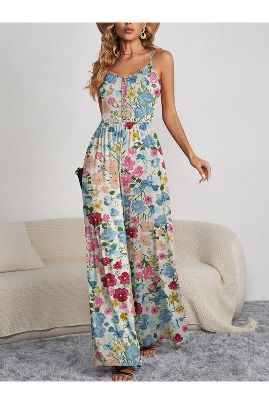 Decorative Button Spaghetti Strap Wide Leg Jumpsuit NicholesGifts