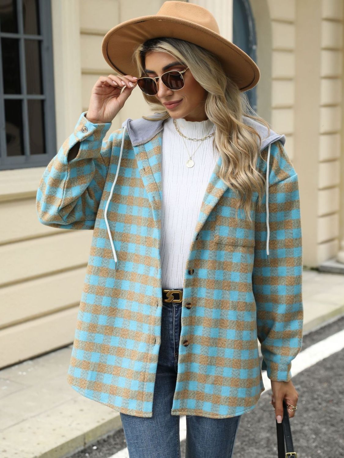 NicholesGifts Women Drawstring Plaid Long Sleeve Hooded Jacket NicholesGifts
