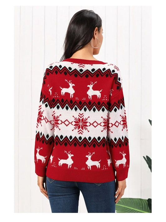 Women Reindeer Round Neck Christmas Sweater nicholesgifts