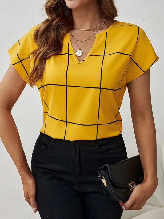 Women Plaid Contrast Notched Blouse