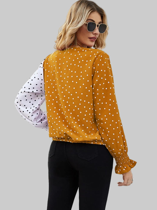 Ivy Lane Polka Dot Surplice Neck Lantern Sleeve Blouse nicholesgifts