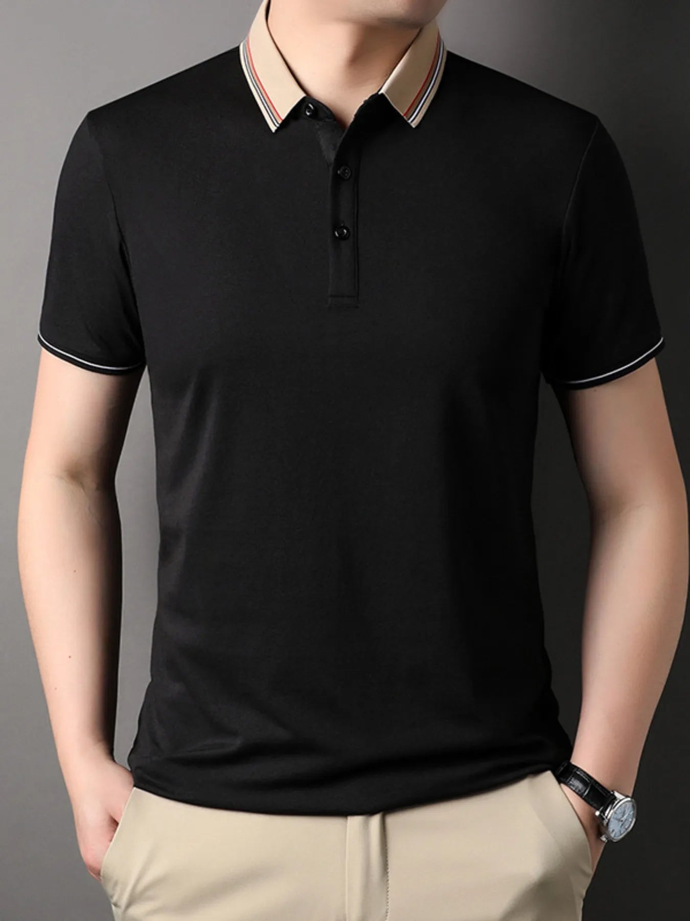 Men's Plus Size Striped Collar Short Sleeve Casual Polo Shirt