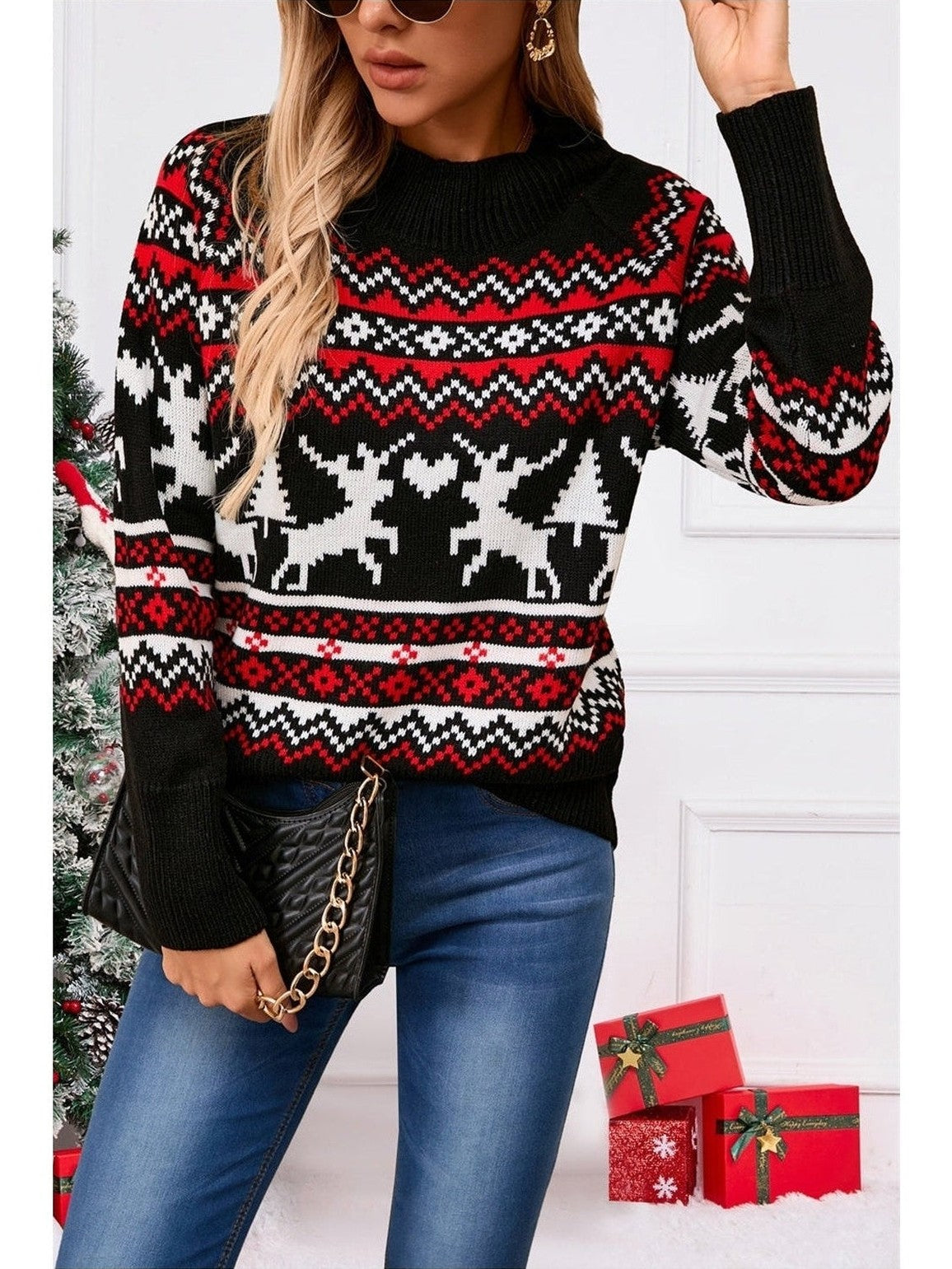 NicholesGifts Women Angel Wings Reindeer Round Neck Long Sleeve Sweater