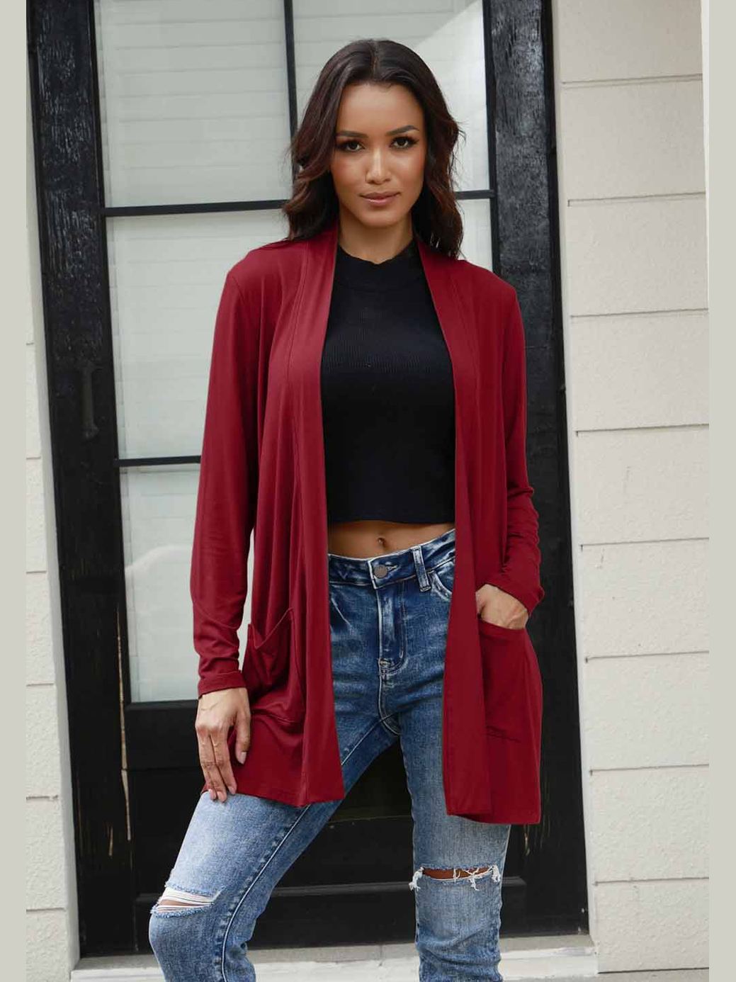 NicholesGifts Women Basic Bae Full Size Open Front Long Sleeve Cardigan with Pockets