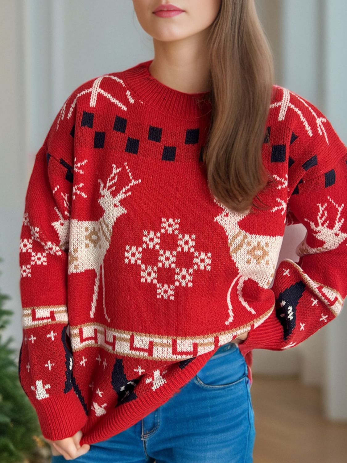 Christmas Element Round Neck Long Sleeve Sweater NicholesGifts