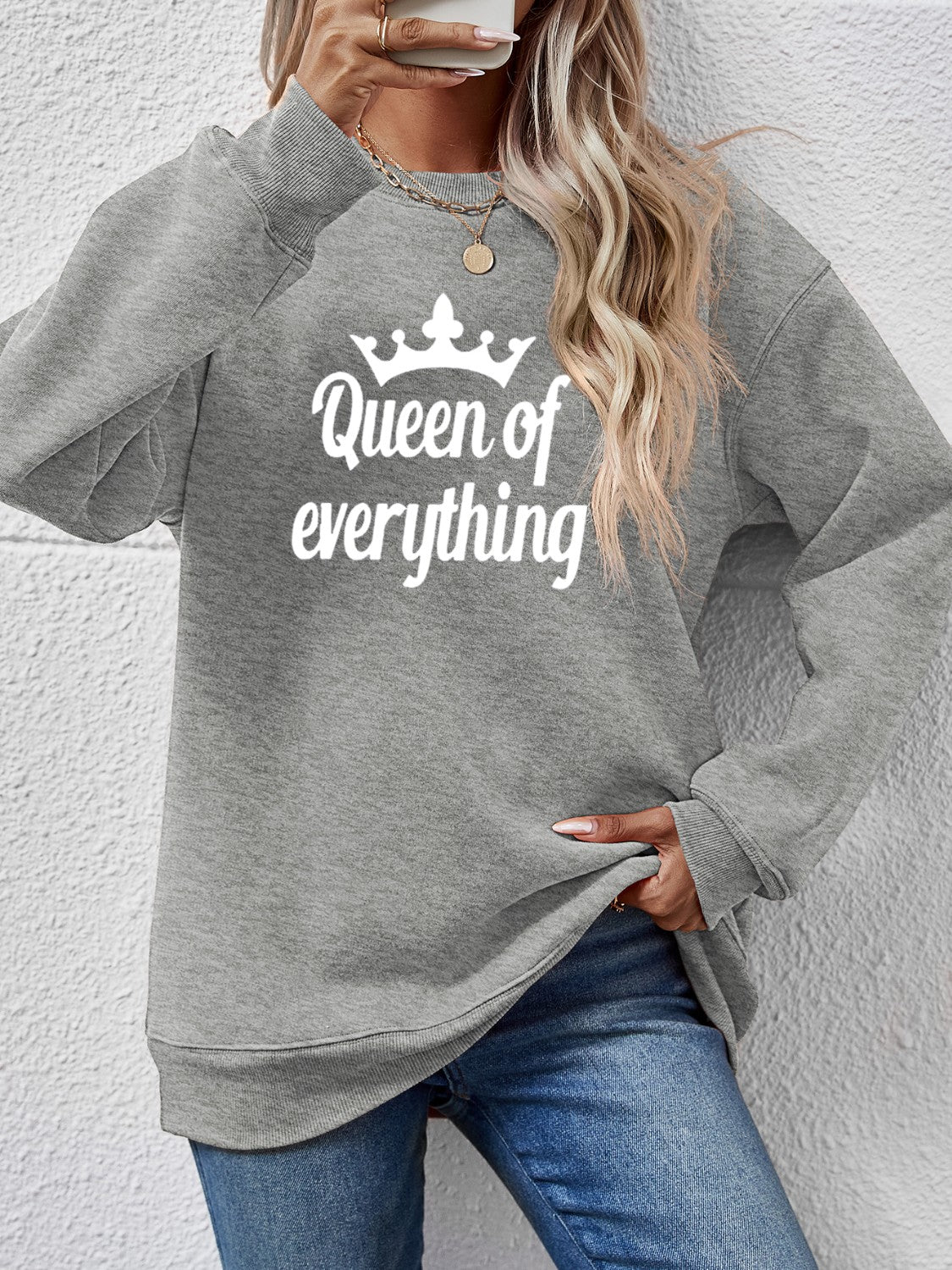 NicholesGifts Women Queen Of Everything Round Neck Sweatshirt NicholesGifts