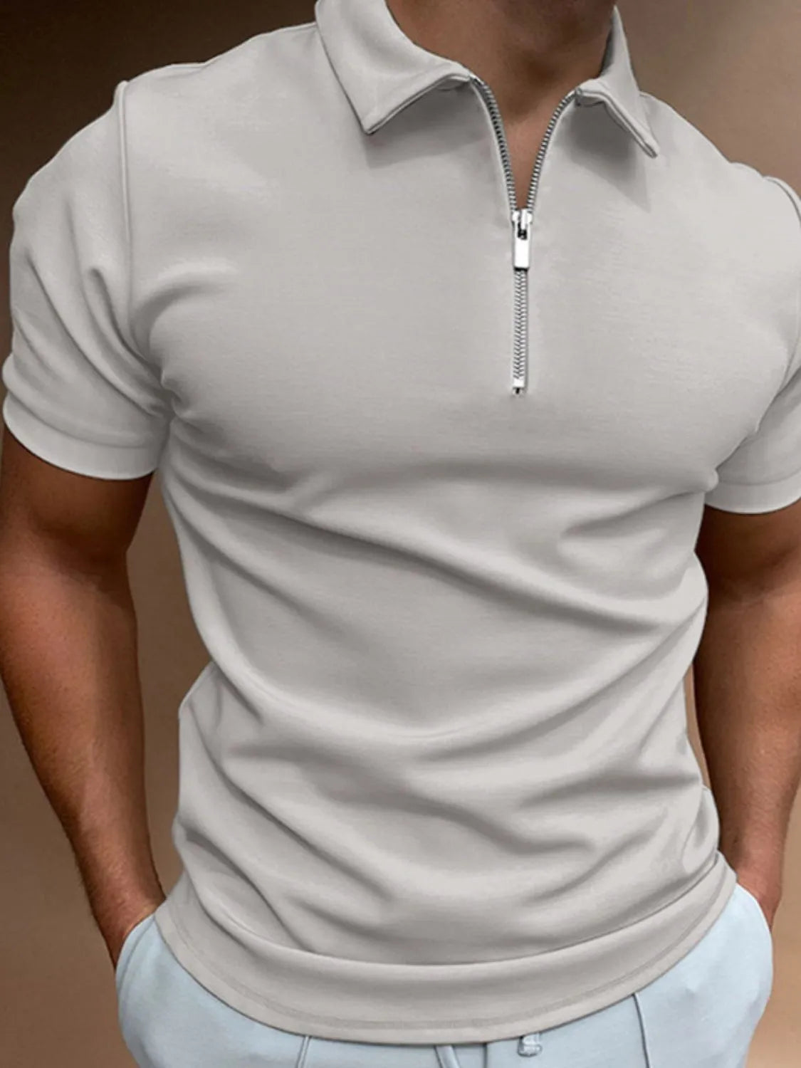 Men's Full Size Zip Collar Short Sleeve Polo Plus Size Trendsi