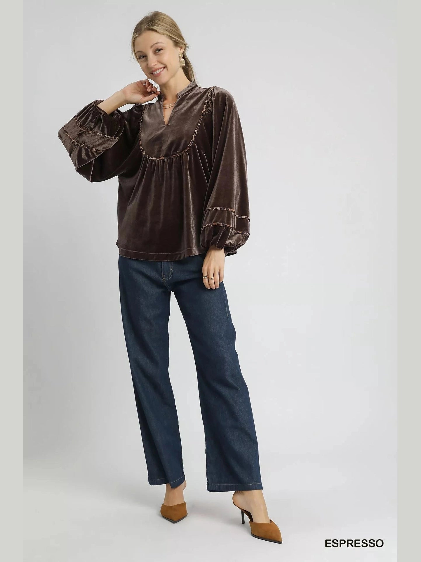 Umgee Velvet Long Sleeve Blouse with Contrast Trim Trendsi