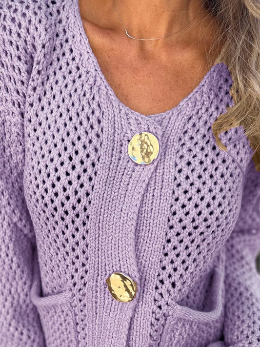 Crochet Button Up Long Sleeve Cardigan nicholesgifts