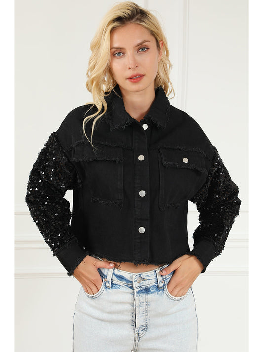 Sequin Button Up Raw Hem Denim Jacket NicholesGifts