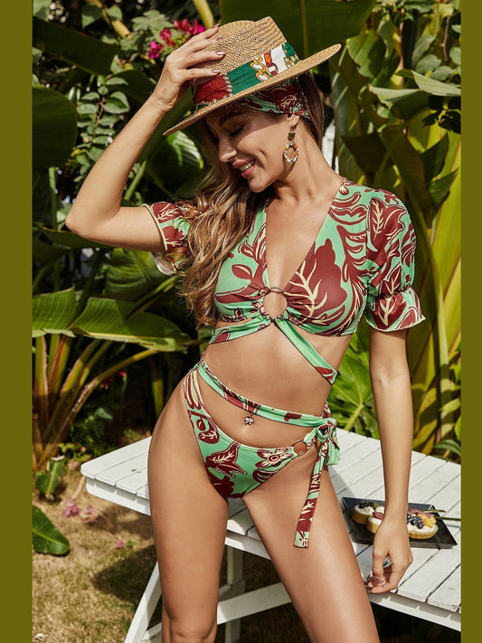 Women Printed Flounce Sleeve Tie-Waist Bikini Set NicholesGifts